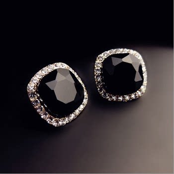 Korean wild temperament OL super flash diamond-set black square black crystal gem ear clip no pierced earrings for women