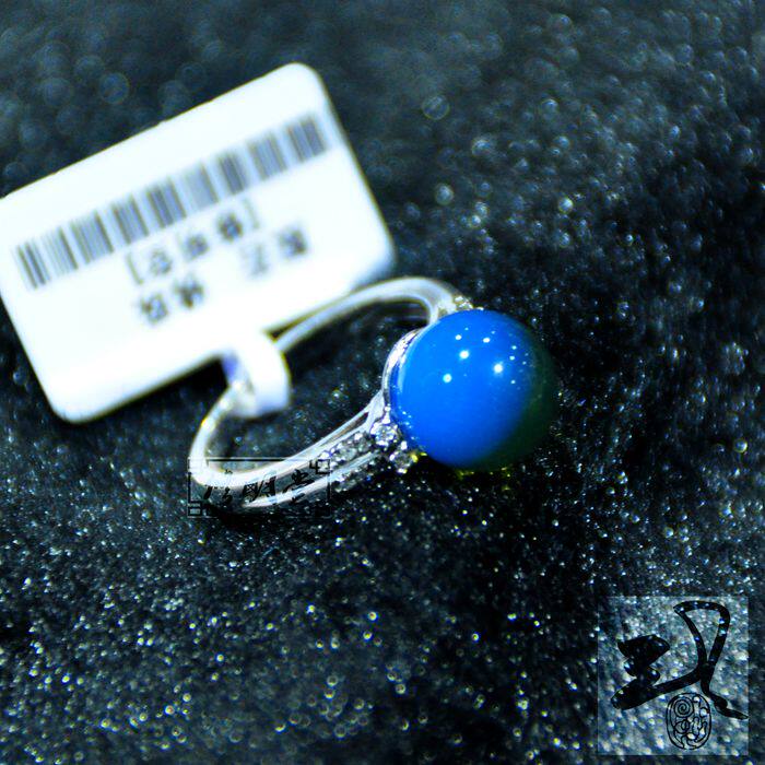修明堂 天然墨西哥净水蓝蓝珀 圆珠银电镀18K金戒指蓝珀女款