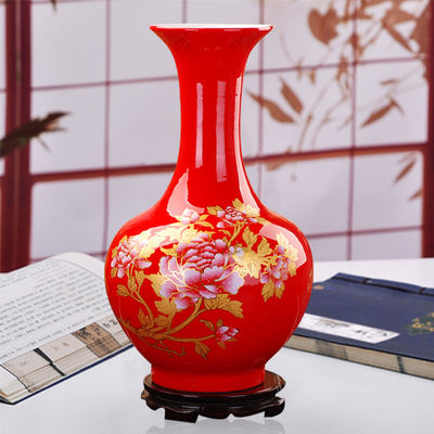 Jingdezhen ceramic Chinese Red Peony floor-standing Vase, a modern and fashionable home decoration for new houses and living rooms
