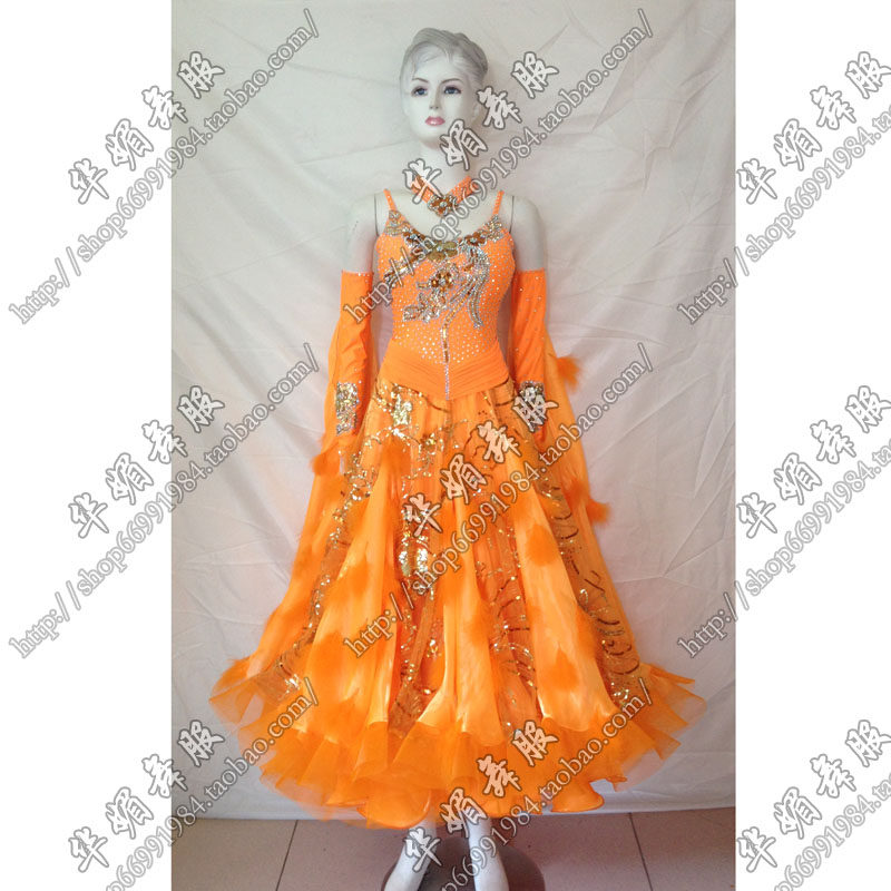 Huamei National Standard Tango New Performance Competition Suits the Moden Waltz Fox Giant Pendulum Orange Ocean Dress Set
