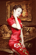 Red embroidered peony flower heavy satin silk slim slanting bride toast wedding improved cheongsam skirt customization