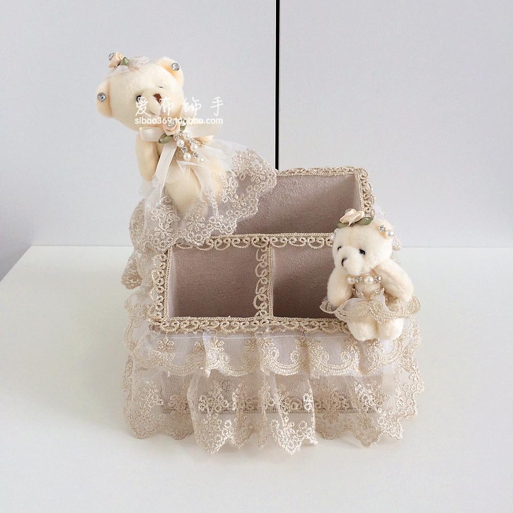 South Korean rice white embroidery cloth art remote control containing box lace small bear cosmetics case desktop pen holder containing box
