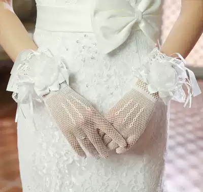 New Korean fashion sunscreen bow Crystal tulle short red White Bride wedding dress gloves