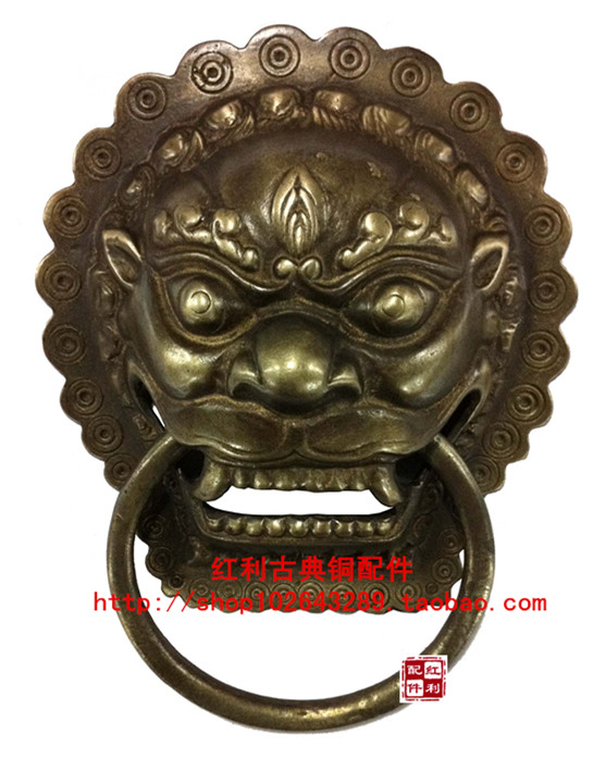 Imitation ancient solid wood gate pure copper handle behemoth head door ring lion head ciro prostrate with beasts large handle door lock