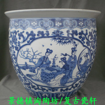 Jingdezhen Cultural Revolution porcelain factory goods 70s Chai kilns fired old Qing flower hopper square figure big cylinder bag old