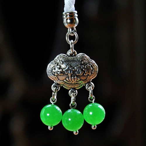 Full RMB58  hot sale SLIM SILVER LONG LIFE LOCK GREEN AGATE MOBILE PHONE HANGING ORNAMENT WHOLESALE 042B