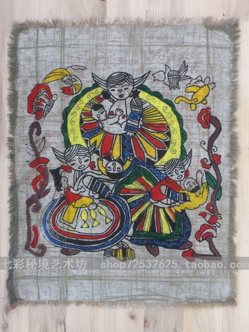 Miao nationality characteristics Yunnan minority customs small batik painting kindergarten hotel wall painting decorative painting mother and son