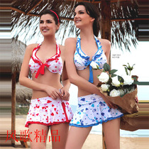 Three-chic swimsuit sweet and Korean version of lotus leaf side printed steel tot three sets of skirt-style bikini swimsuit women 9125