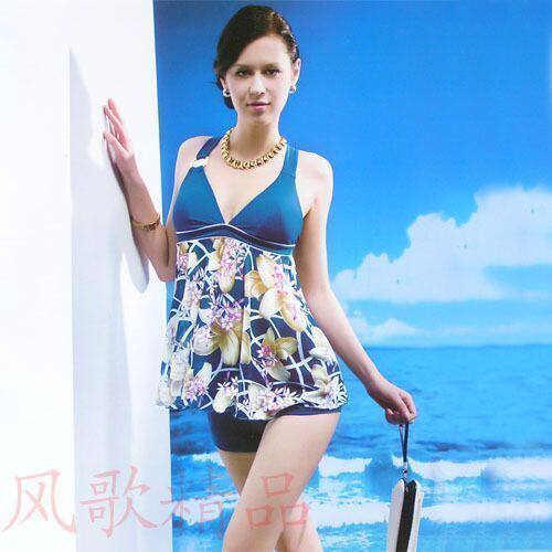 Sweet Korean version of high-quality fabric elegant tie neck flower gauze skirt type split flat swimsuit JHL052