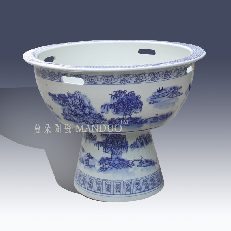 Blue and white landscape high fish breeding goldfish ceramic cylinder high porcelain lotus pond lily 60-1 meter diameter cylinder cylinder