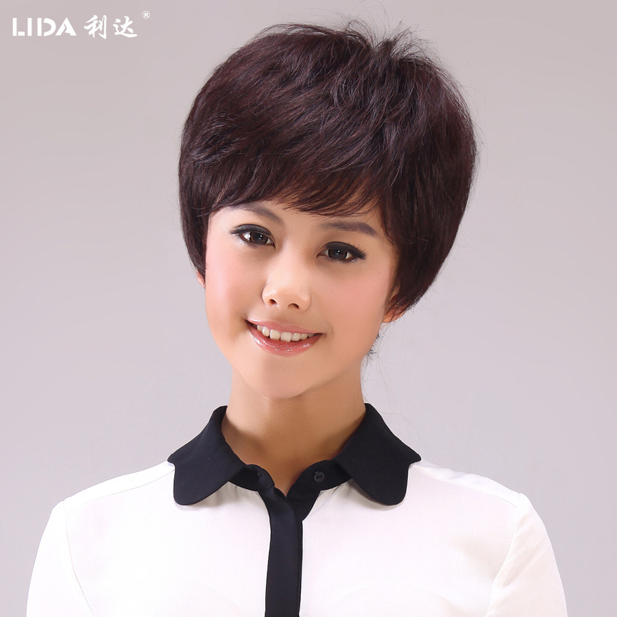 利达真发假发 女 短发 中老年假发 真人发丝妈妈假发 手织假发套
