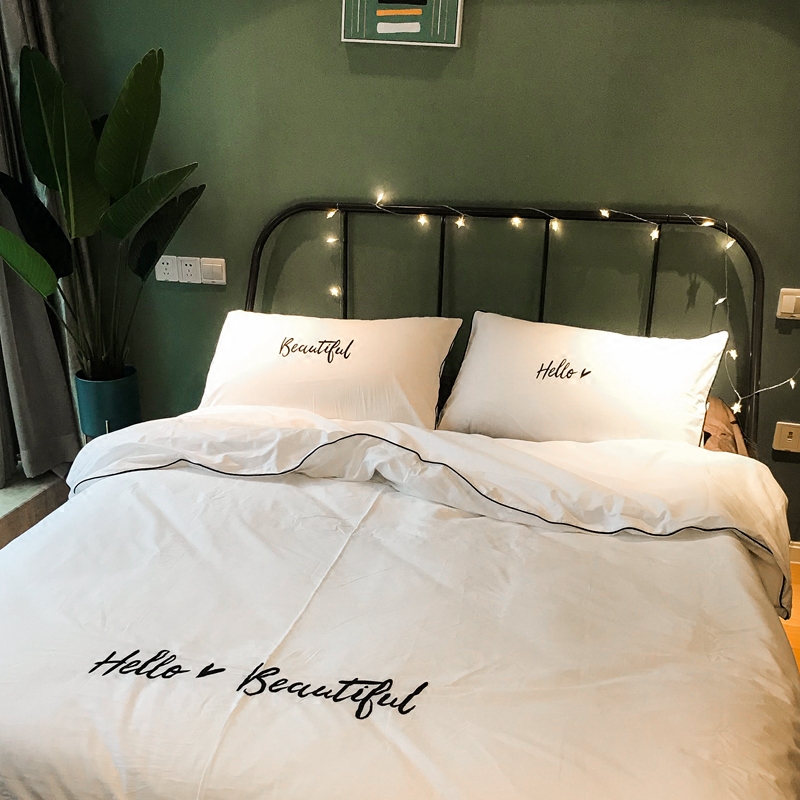 Nordic minimalist full cotton four sets of pure white letters embroidered Mind sleeping pure cotton beds Quilt Cover Bedding bedding