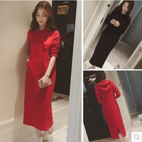 Áo bà bầu thu đông cộng với váy nhung dài tay dày phần dài bà bầu váy mẹ áo thủy triều cỡ lớn áo sơ mi đáy váy bà bầu