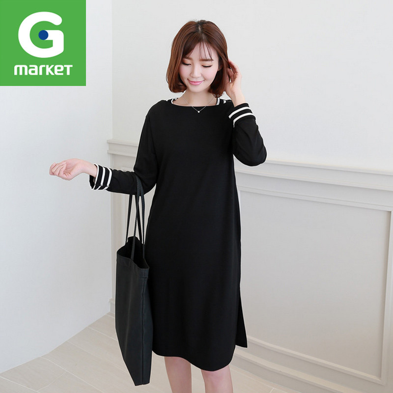韩国新品 女装[Clicknfunny]一字领条纹侧开叉休闲简约长袖连衣裙