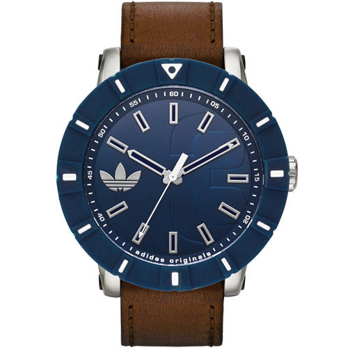 台湾官网直邮进口adidas 霸气风格皮革精致大表径腕表-蓝色x咖啡