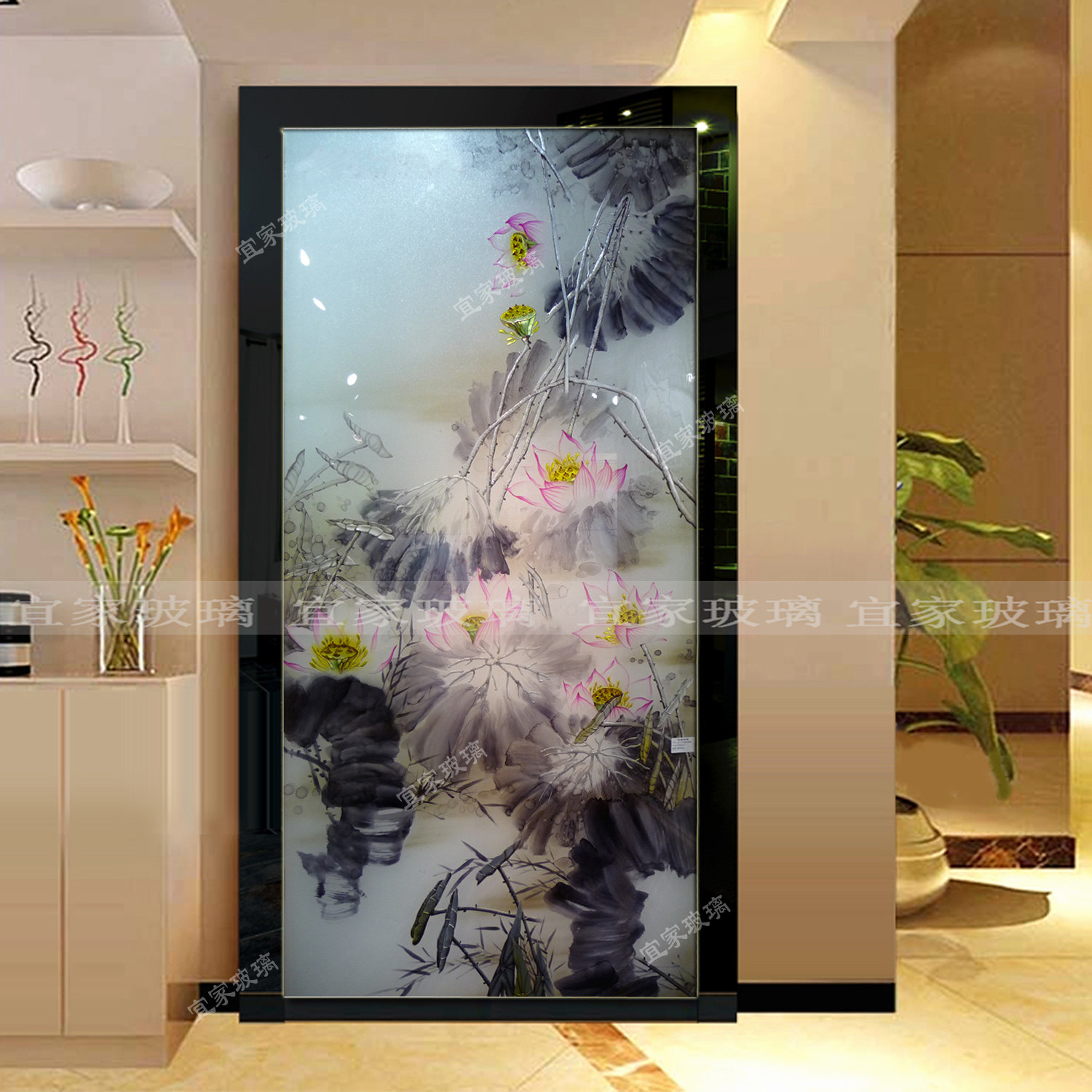 Shanghai art glass porch background painting partition screen TV background ink lotus three-dimensional deep carving