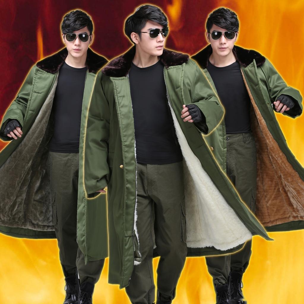 Live face military coat long version of the wool coat thickened labor protection can be removed and washed military green yellow coat men warm winter