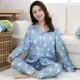 Mùa xuân và mùa thu cotton dài tay đồ ngủ của phụ nữ dệt vải cotton phục vụ nhà phù hợp với kẻ sọc trung niên mẹ đồ ngủ twill quần áo nữ Bộ Pajama