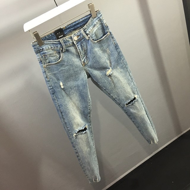 2024 New Washed Vintage Blue Big Hole Jeans Men's Elastic Slim Fit Small Leg Pants Nine-Point Pants Korean Style Trend