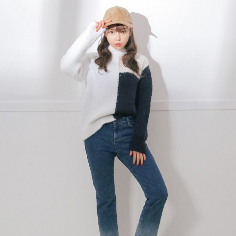 韩国stylenanda官方正品 个性款配色拼接立领针织衫-海军蓝色