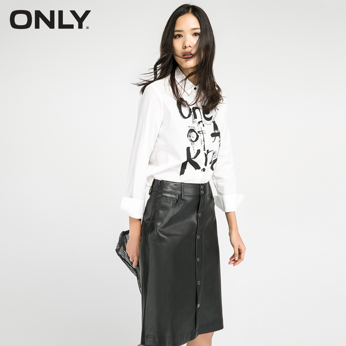ONLY2016春装新品PU复古高腰单排扣A字半身裙女L|11616S501