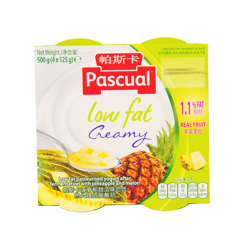 【天猫超市】西班牙进口帕斯卡菠萝和甜瓜味低脂酸奶125g*4/杯
