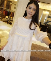 2017 mùa xuân mới cổ áo cổ áo bảy điểm tay áo nặng làm việc jacquard Một hình chữ cao eo váy trắng Triều Tiên của phụ nữ triều đầm trắng đẹp