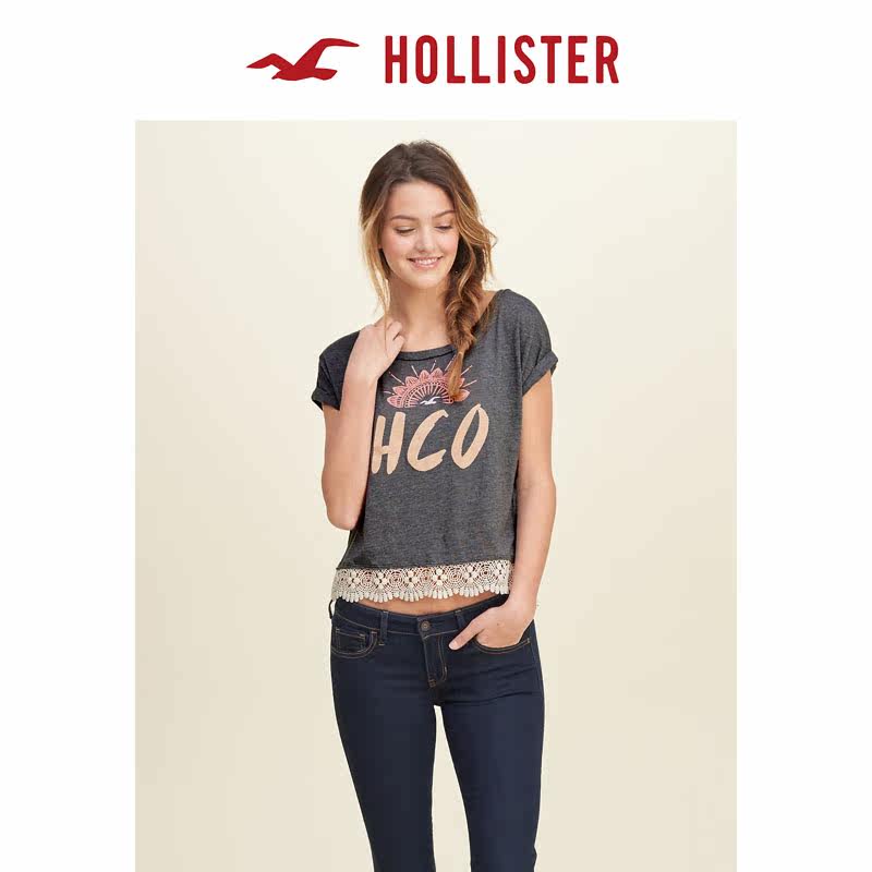 Hollister 2016春装新款蕾丝褶边图案 T 恤 女 119722