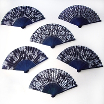 Wuzhen handmade female fan folding fan Bamboo fan Blue calico fan Blue cloth dance fan Chinese wind craft folding fan