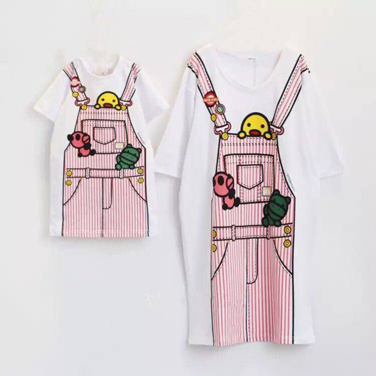 2020 Summer Fashion Tide Cards Cartoon Bear Chicken Striped Cuddling Bag Printed Harness Mother Daughter Dress Dress Foreign Dress