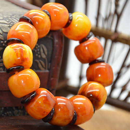 Floating Brine Collection Old Honey Wax Handstring Chicken Oil Yellow Amber Bucket Beads Plus Septal blood Perot bracelet Men and women Past Fluorescence-Taobao