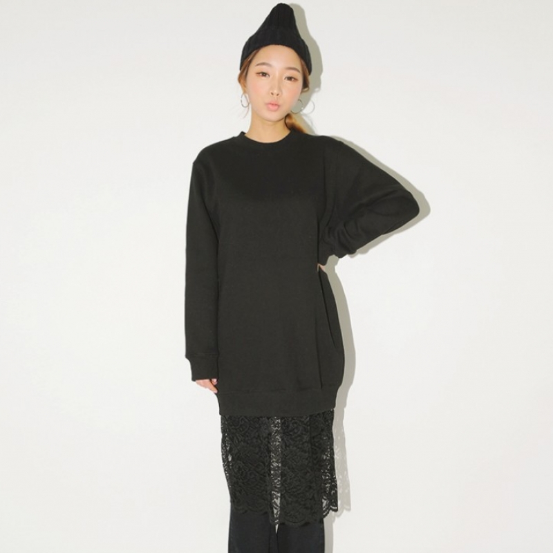 韩国stylenanda官方正品 性感镂空蕾丝拼接圆领连衣裙-黑色