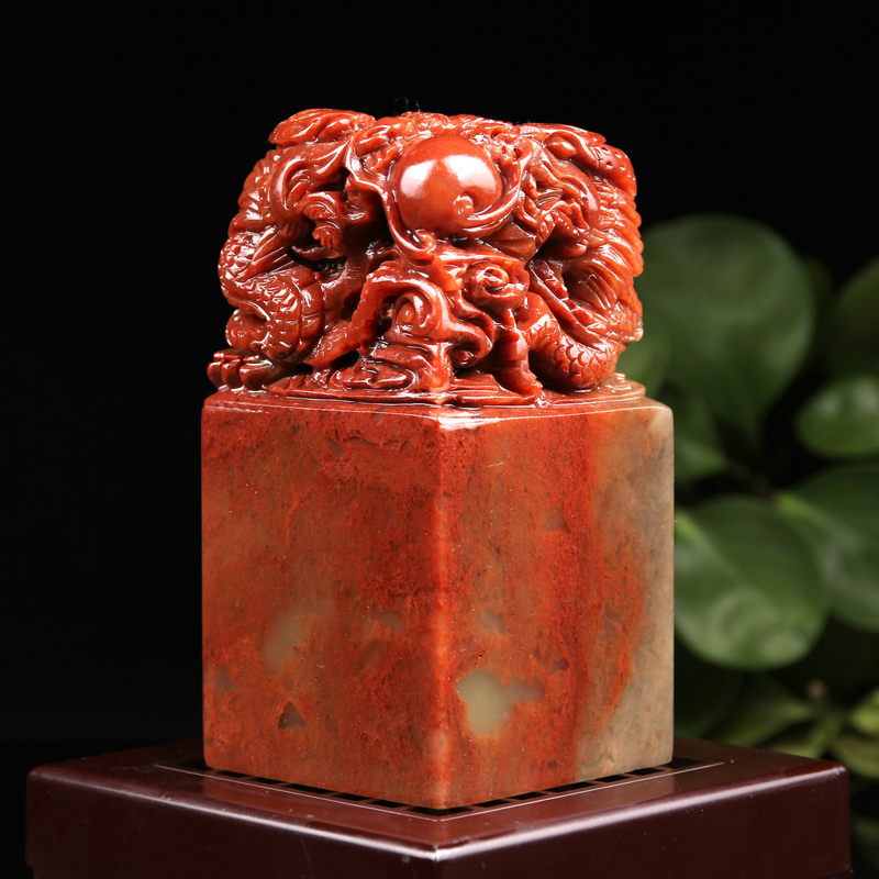 Seal Seal Large Swing Piece Shoushan Stone Red Stone Double Dragon Play Pearl Seal Seal Engraving Seal Commerce Seal Seal 6x6x11