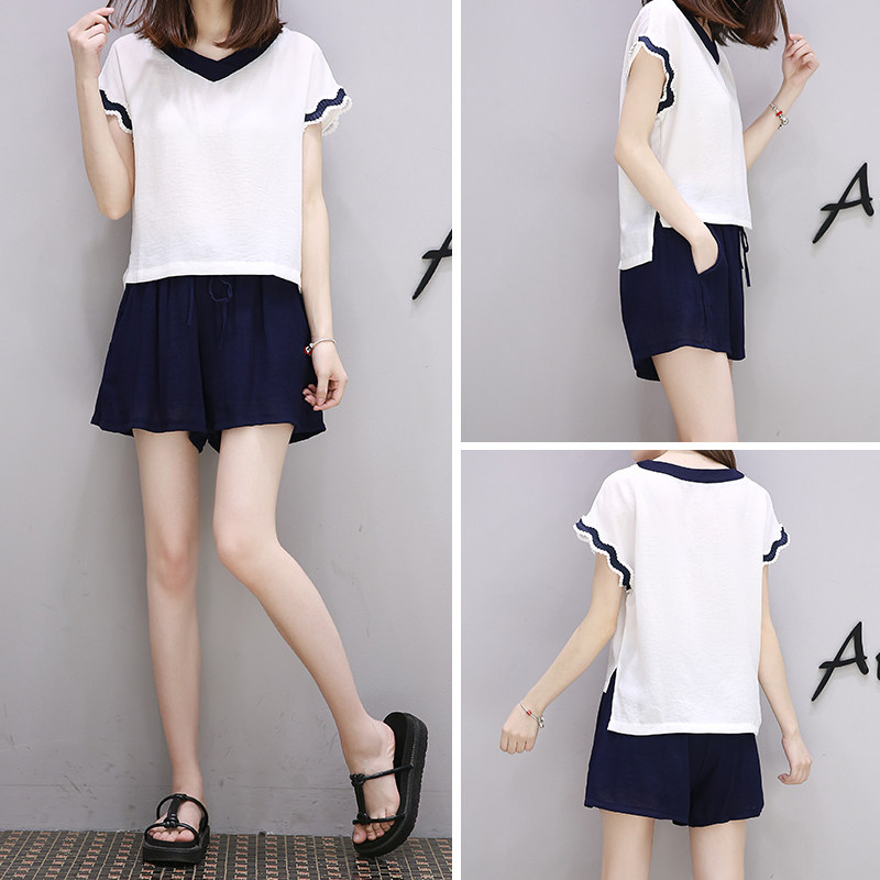 2017夏季显瘦修身女装气质V领短袖T恤+短裤套装夏天淑女雪纺衫潮