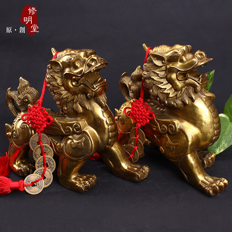 修明堂开光纯铜貔貅招财皮丘聚财摆件 送五帝钱公貔招财母貅守财