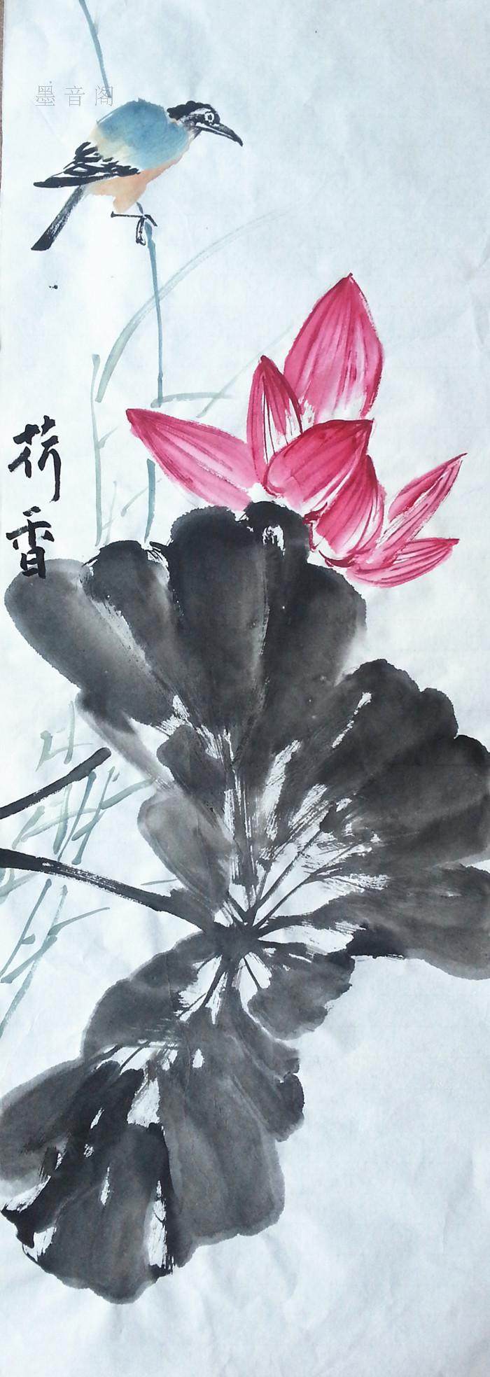 純手繪國畫花鳥三尺條幅無落款水墨荷花圖文人畫裝飾