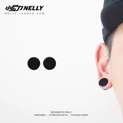 Tide brand hip hop wood ear needle men and women with the same round cake dumbbell double head earrings black ear needle tide Man single