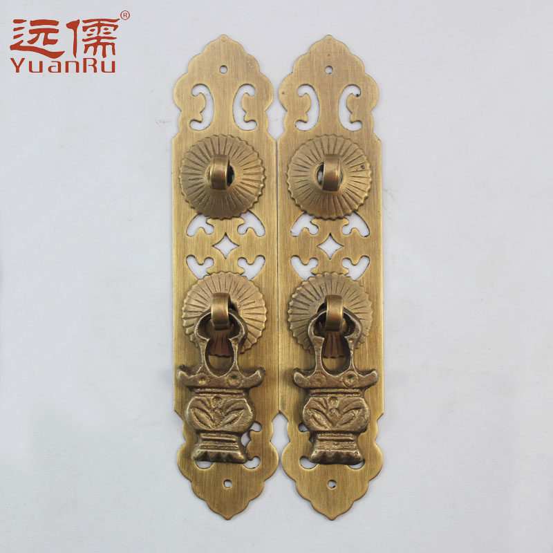 Far Confucian bronze sculpture Chinese antique Ming and Qing copper straight door handle 12CM YRG015 classical flower-shaped copper handle