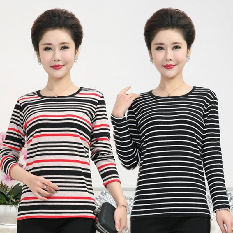 Lady Spring and Autumn Long sleeve t shirt middle-aged women dressed with cotton round neck T-shirt middle-aged person striped-up shirt