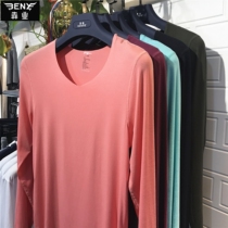 The industry modal ultra-thin Seamless T-shirt mens V-neck peach collar single-layer long sleeve bottoming clothing E040