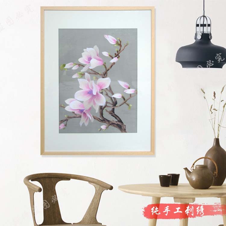 Ou embroidery fragrance Yiyuan magnolia flower fresh and elegant single-sided embroidery pure hand-embroidered living room decorative painting mural gift