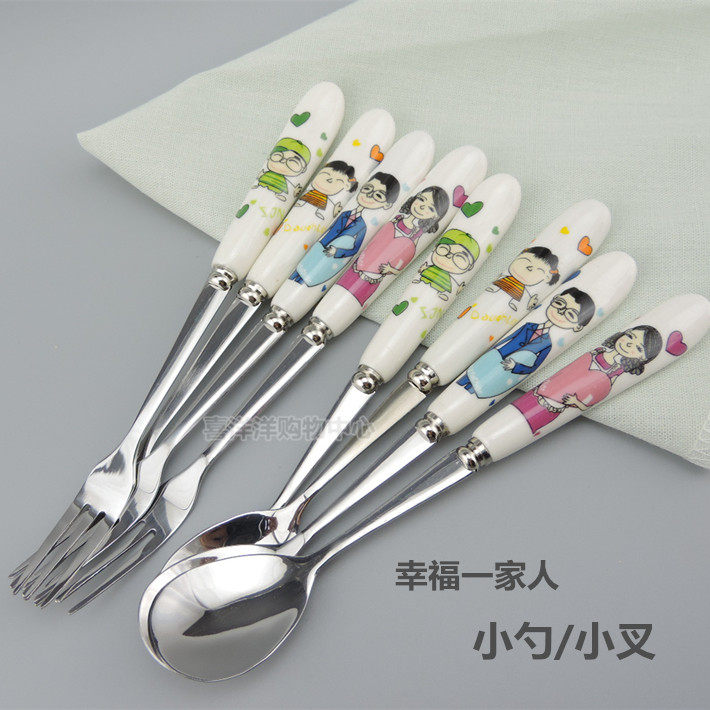 bone ceramic tableware happy family tableware stainless steel small spoon fork fruit fork