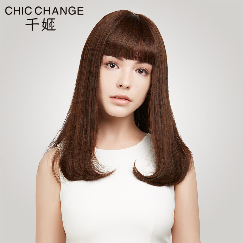 千姬假发真人发丝女内扣齐刘海中长发顺直梨花头整顶手织真发直发