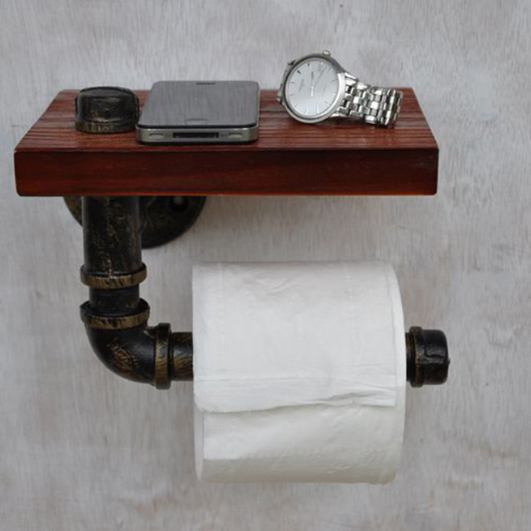 American country wrought iron wood restaurant kitchen bathroom tissue rack industrial water pipe toilet roll paper storage rack