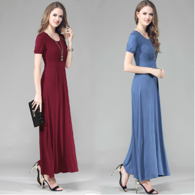 New Modal Plus-Size Slim-Fit Short-Sleeve Dress, Long Plus-Size Waist-Cinching Elegant Flared Long Dress for Women in Summer