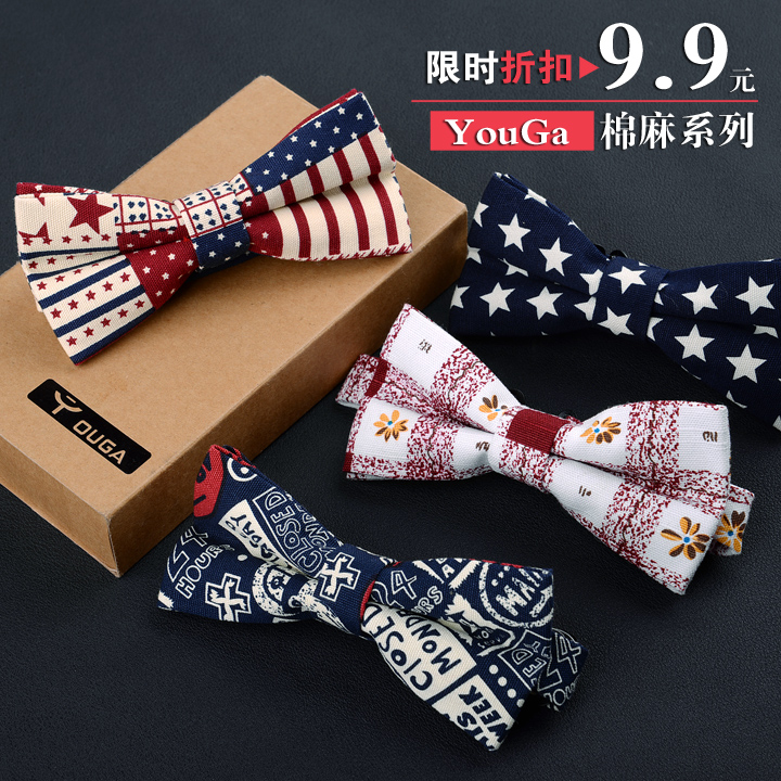 Cotton and hemp men and women's trend flower bow tie bow tie men's wedding dress Korean version of the British College wind bow bow tie tide