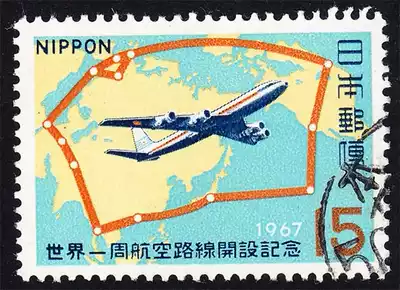 Japan letter stamp C472 1967 Opened a global one-week route 1 full