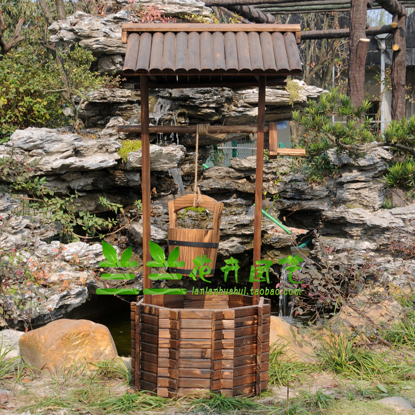 Ancient well decorated well flower pot carbonated wood flower case Embalming Wood Balcony Railing Flower Shelf Multi Meat Potted Woody Creativity