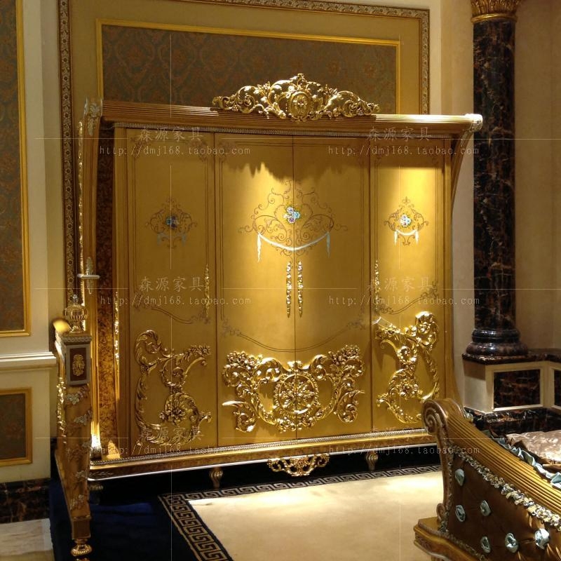 Italian Luxurious Champagne Golden Wardrobe Au Style Solid Wood Carved Four-door Wardrobe Bedroom Containing Cabinet Custom Wardrobe