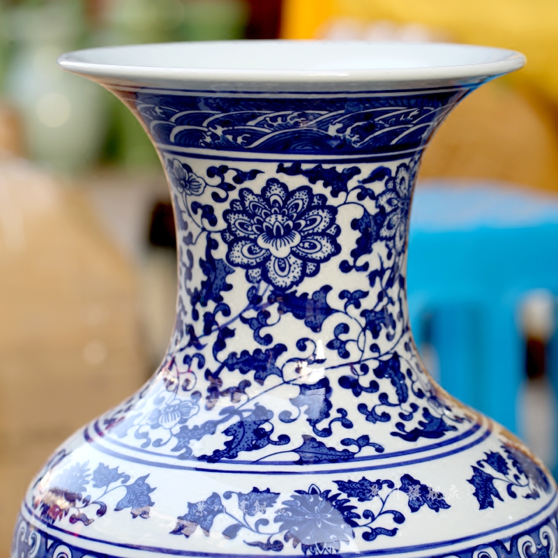 Hand - made put lotus flower fish bottle of blue and white porcelain of jingdezhen ceramics landing sitting room feng shui big vase furnishing articles 67 cm